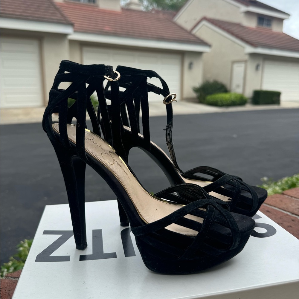 Black Strappy Platform Heels with Lace-Up Detail
